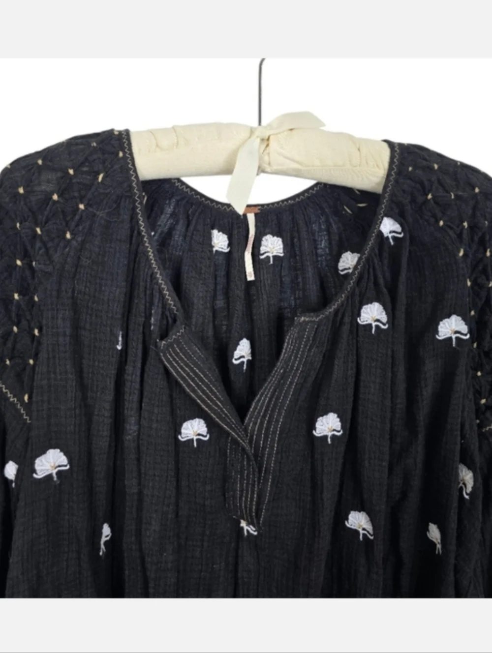 Free People Gauzy Floral Embroidered Peasant Blouse Henley Neck Black White XS